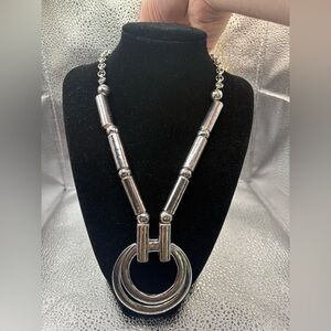 Chico’s Silver-Tone Statement Necklace – Double Ring Pendant